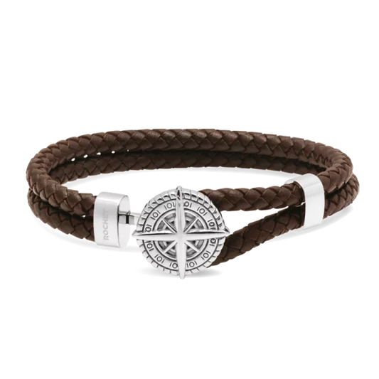 CAPE HORN: 10mm polished steel bracelet with brown braided leather straps. 21cm. One size