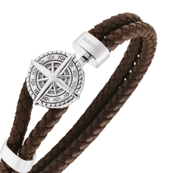 CAPE HORN: 10mm polished steel bracelet with brown braided leather straps. 21cm. One size