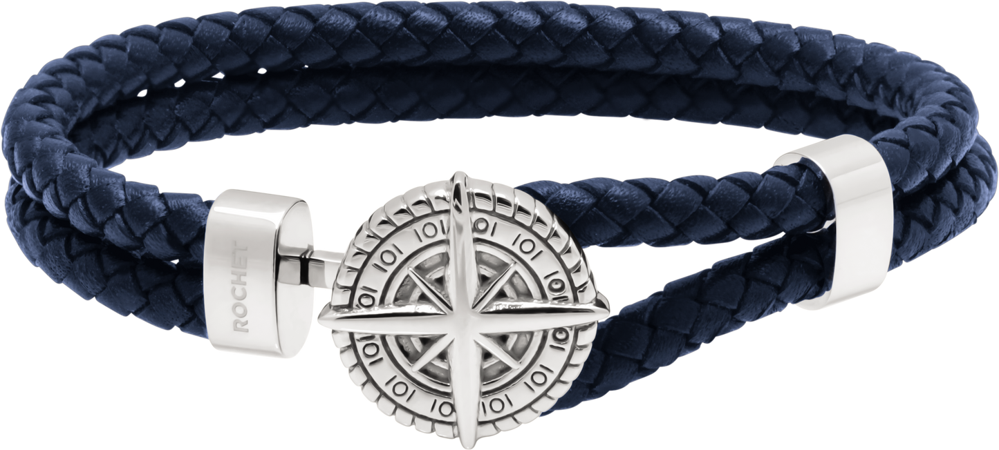 CAPE HORN: 10mm polished steel bracelet with brown braided leather straps. 21cm. One size