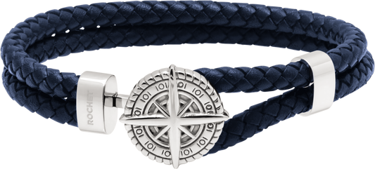 CAPE HORN: 10mm polished steel bracelet with brown braided leather straps. 21cm. One size