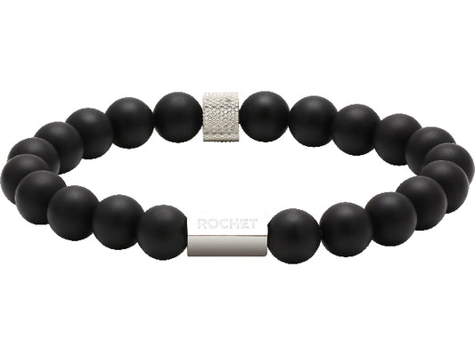 ZEN: 8MM BLACK AGATES AND KNURLED STEEL ELASTIC BRACELET.