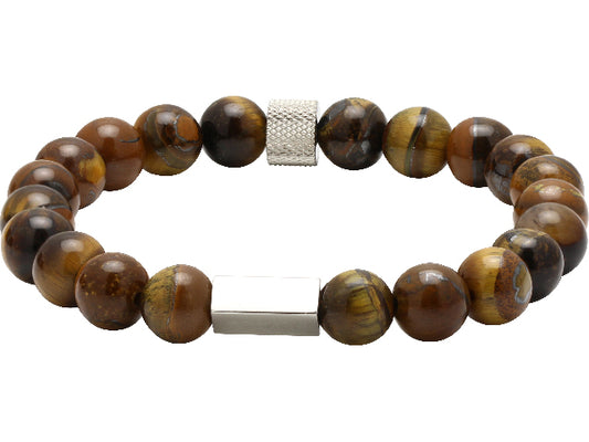 ZEN: 8MM TIGER EYES AND KNURLED STEEL ELASTIC BRACELET.