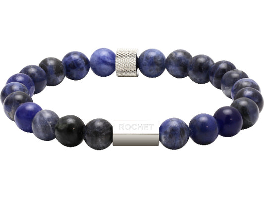 ZEN: 8MM LAPIS LAZULI AND KNURLED STEEL ELASTIC BRACELET.