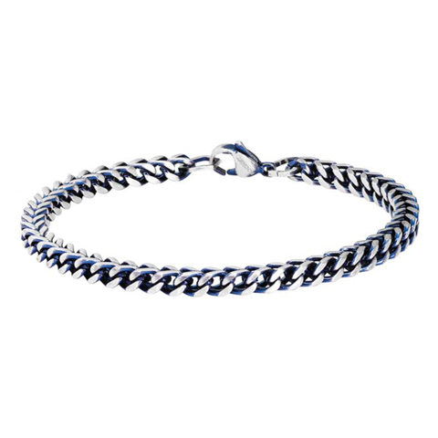 MAJOR: 4MM POLISHED STEEL & VINTAGE BLUE BRACELET, 20.5CM. ADJUSTABLE.