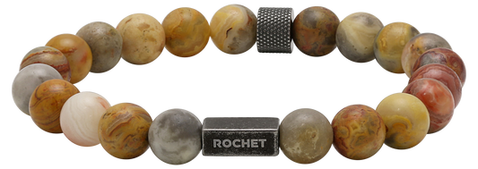 ZEN: 8MM CRAZY LACE AGATES & VINTAGE KNURLED STEEL BEADS. ELASTIC BRACELET.