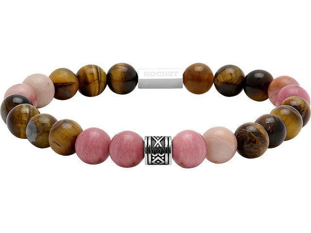 ZEN: BRACELET WITH BEADS, 8MM TIGER EYES, RHODOCHROSITE AND ARABESQUE POLISHED STEEL. ELASTIC BRACELET.