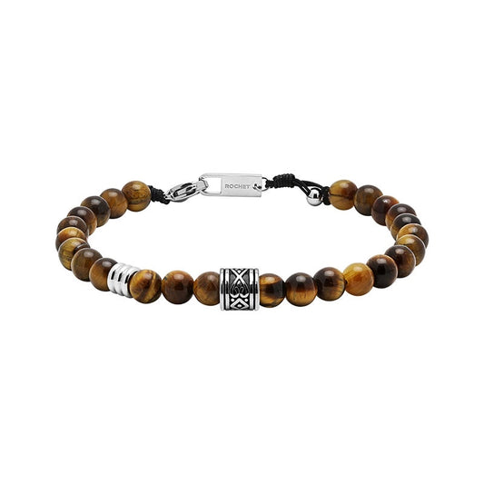TALISMAN:BRACELET, 6MM POLISHED STEEL ARABESUE AND TIGER EYES BEADS. ADJUSTABLE. FINAL STOCK