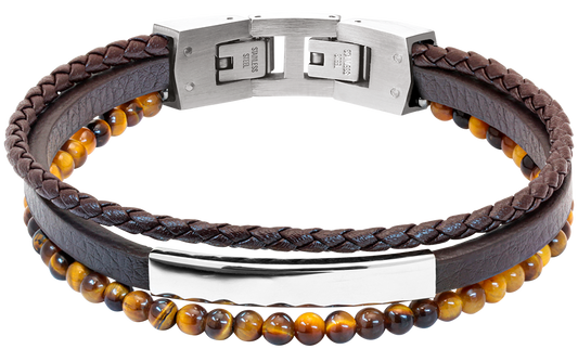 YALE: STEEL POLISHED BRACELET 5MM BROWN FLAT LEATHER STRAP, 3MM BROWN BRAIDED LEATHER STRAP, 4MM TIGER EYES. 21CM ADJUSTABLE.