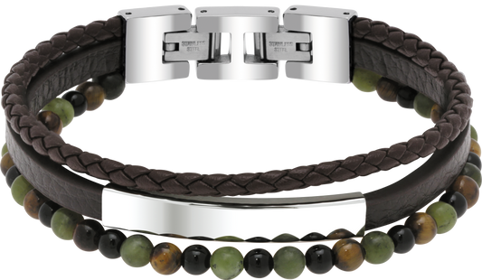 YALE: STEEL POLISHED BRACELET 5MM BROWN FLAT LEATHER STRAP, 3MM BROWN BRAIDED LEATHER STRAP, 4MM TIGER EYES AND GREEN JASPERS. 21CM ADJUSTABLE.