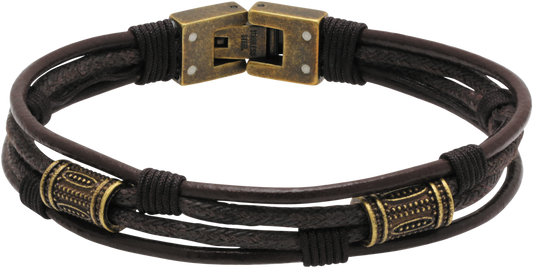 TOTEM: BRACELET, VINTAGE IP GOLD, BROWN LEATHER AND COTTON CORD 21CM. ONE SIZE.