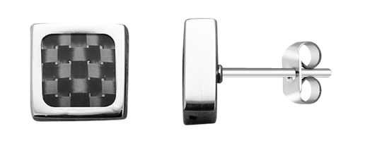 MERCURY: 7x7MM STEEL AND BLACK CARBON EARRINGS.