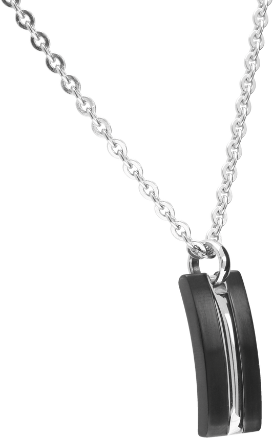 TRINIDAD: STEEL BI-COLOUR IP BLACK PENDANT 12x26MM, CHAIN 50CMx4MM. ADJUSTABLE.